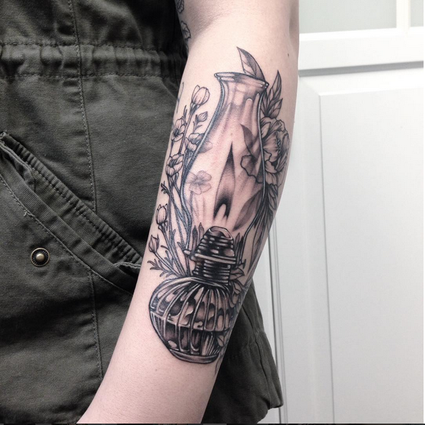 Oil Lamp and Floral on Forearm Instagram michaelbalesart by Michael